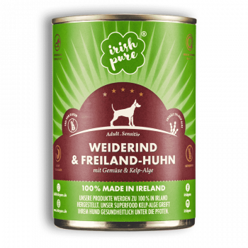 Hunde-Nassfutter - Irisches Weiderind & Freiland-Huhn - Adult - 12 Dosen á 390g - mit Gemüse & Kelp-Alge