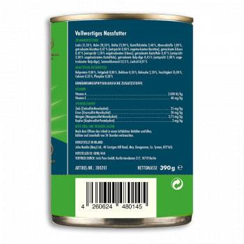 Hunde-Nassfutter - Irischer Atlantik-Lachs & Freiland-Huhn - Adult - 12 Dosen á 390g - mit Gemüse & Kelp-Alge