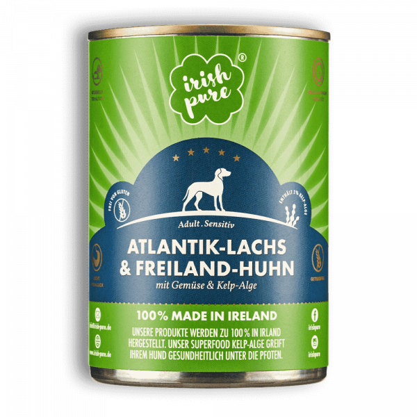 Hunde-Nassfutter - Irischer Atlantik-Lachs & Freiland-Huhn - Adult - 12 Dosen á 390g - mit Gemüse & Kelp-Alge