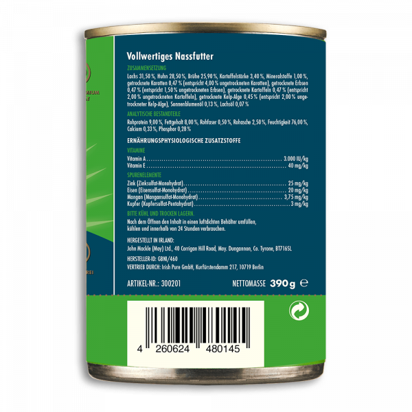 Hunde-Nassfutter - Irischer Atlantik-Lachs & Freiland-Huhn - Adult - 12 Dosen á 390g - mit Gemüse & Kelp-Alge